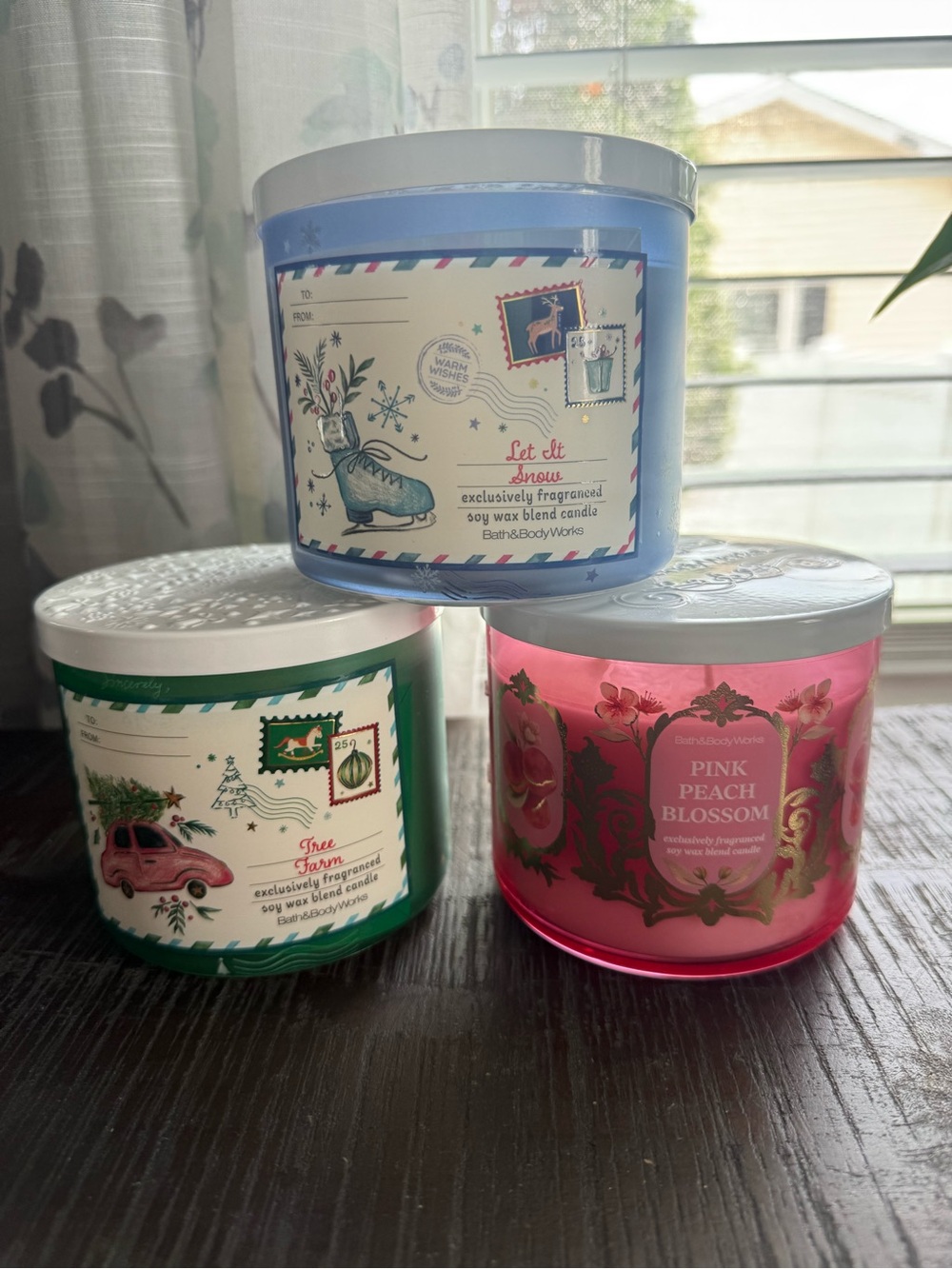 NWT- Bath & Body Works Trio: Let It Snow, Tree Farm & Pink Peach Blossom Candles